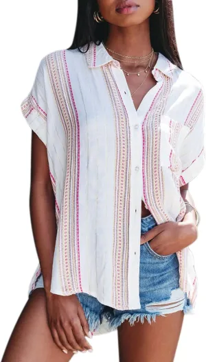 Womens Button Down Shirts Short Sleeve Summer Linen V Neck Collared Stripes Casual Blouses Tops with Pocket