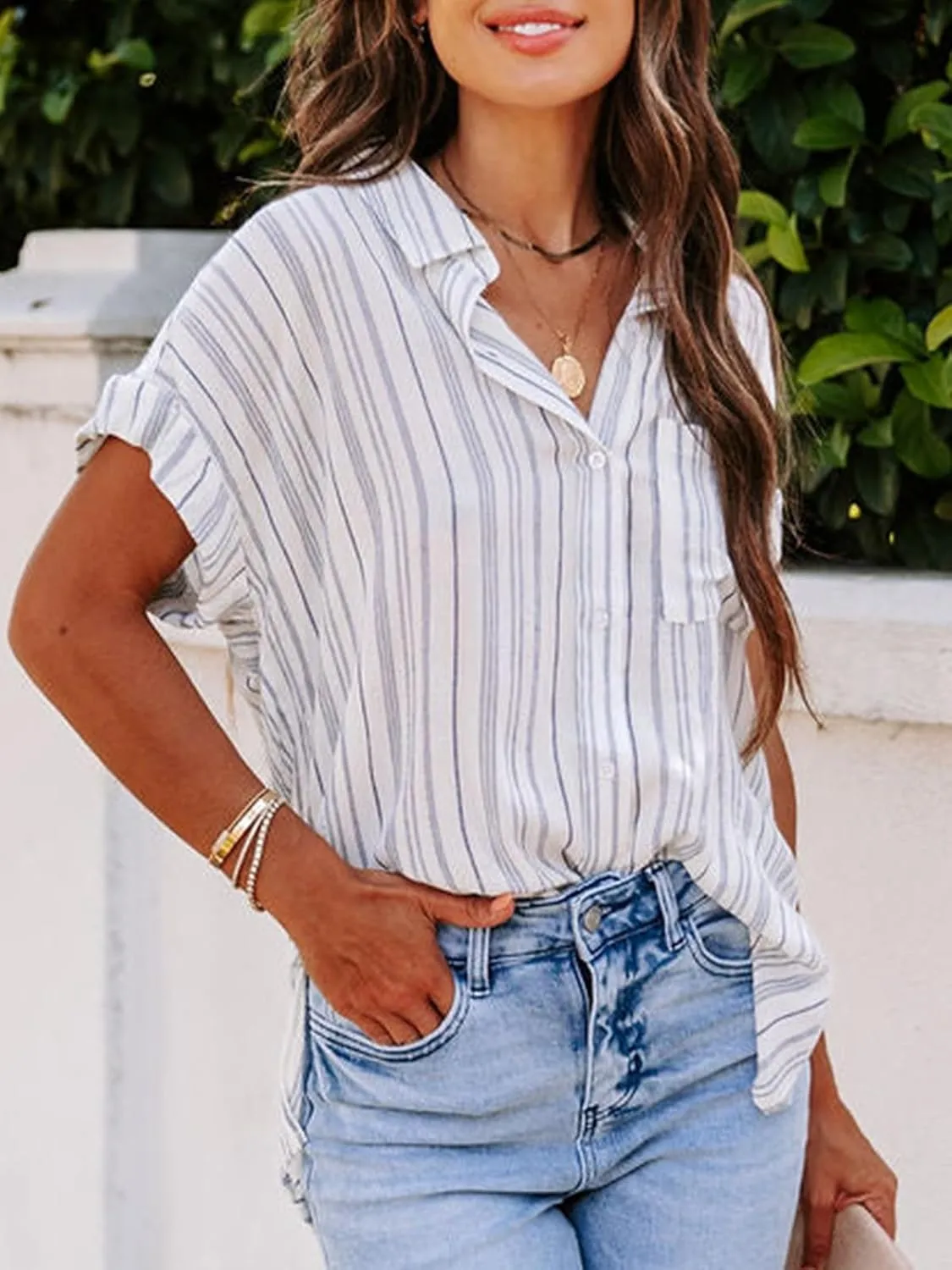 Womens Button Down Shirts Short Sleeve Summer Linen V Neck Collared Stripes Casual Blouses Tops with Pocket