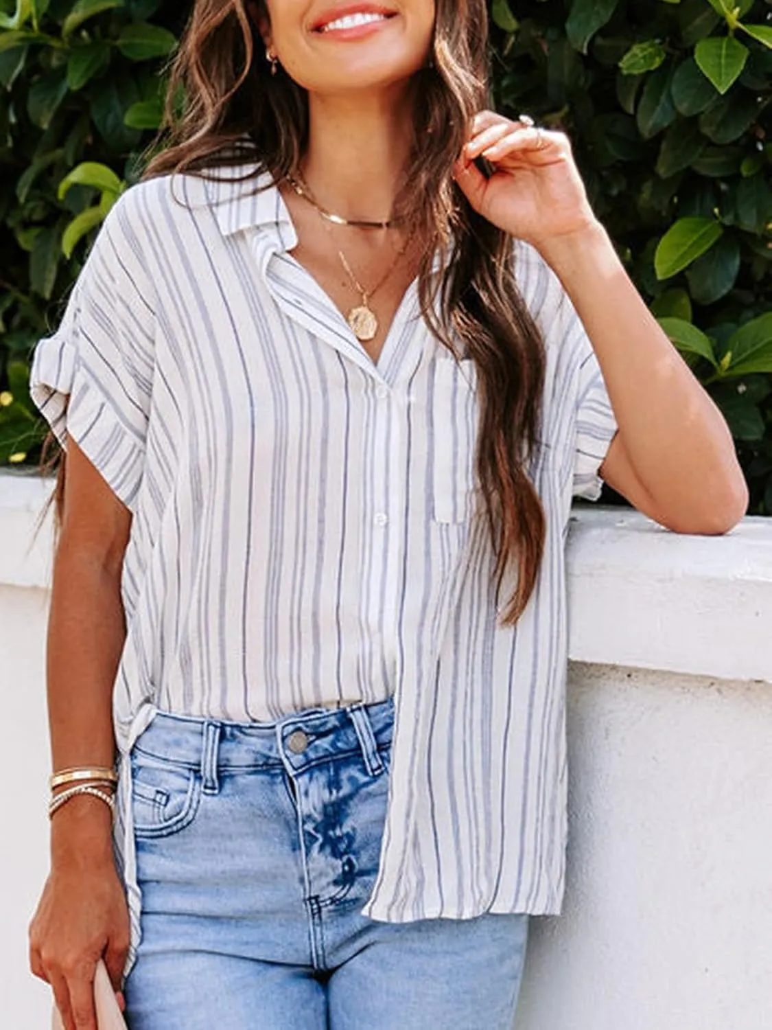 Womens Button Down Shirts Short Sleeve Summer Linen V Neck Collared Stripes Casual Blouses Tops with Pocket