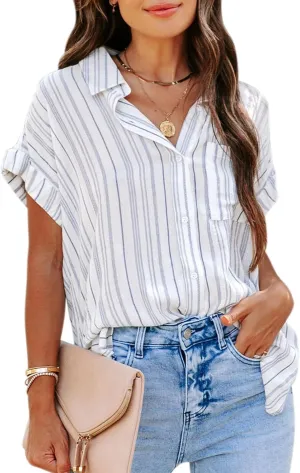 Womens Button Down Shirts Short Sleeve Summer Linen V Neck Collared Stripes Casual Blouses Tops with Pocket