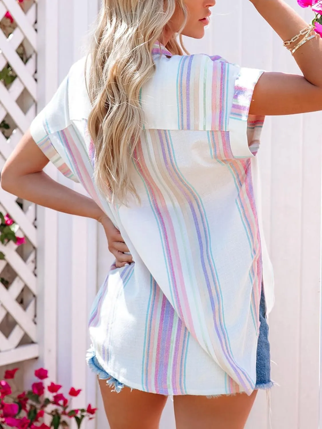 Womens Button Down Shirts Short Sleeve Summer Linen V Neck Collared Stripes Casual Blouses Tops with Pocket