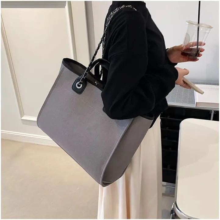 Women's Canvas Totes Chain Handbag Shoulder Crossbody Bucket Bag Beach Vacation Large Capacity Versatile Hobo Top Handle