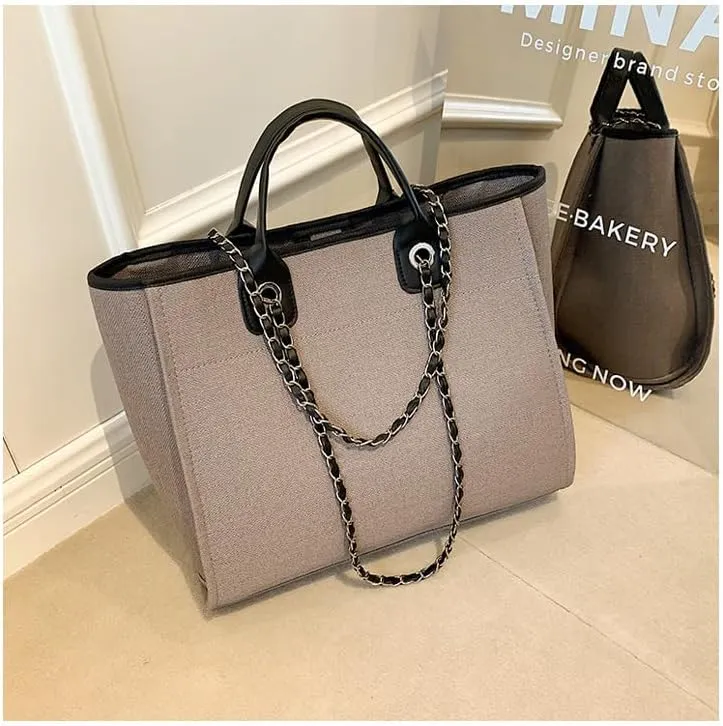 Women's Canvas Totes Chain Handbag Shoulder Crossbody Bucket Bag Beach Vacation Large Capacity Versatile Hobo Top Handle