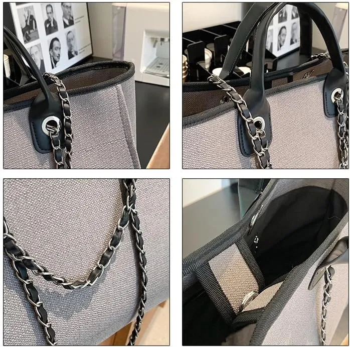 Women's Canvas Totes Chain Handbag Shoulder Crossbody Bucket Bag Beach Vacation Large Capacity Versatile Hobo Top Handle