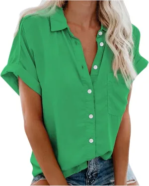 Womens Casual Roll Up Sleeve Dress Shirts Comfy Lightweight Lapel Button Down Front Pocket Blouse Summer Henley Tops Green