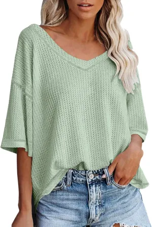 Women's Causual V Neck Tunics 2025 Waffle Knit Half Sleeve Drop Shoulder Loose Shirts Summer Dressy Work Party Blouse