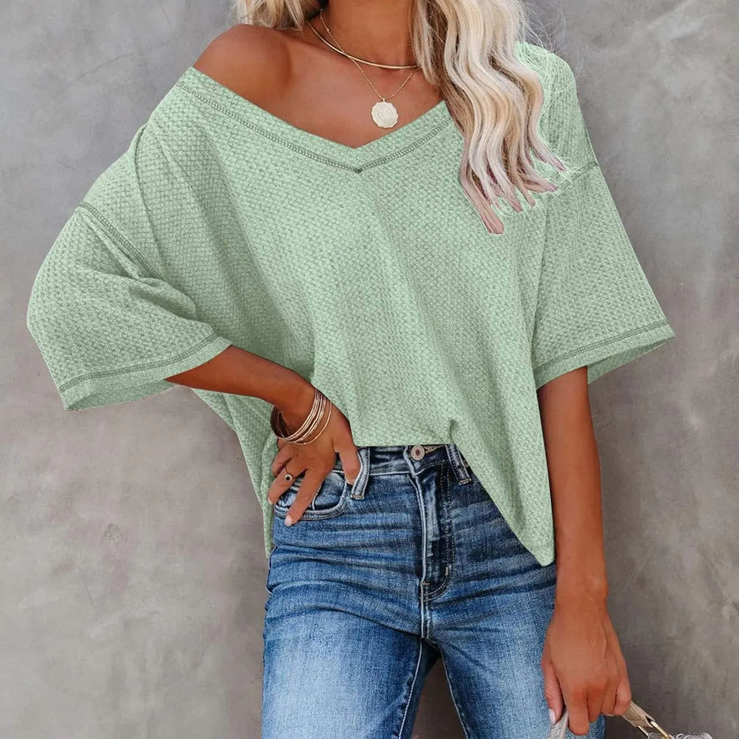Women's Causual V Neck Tunics 2025 Waffle Knit Half Sleeve Drop Shoulder Loose Shirts Summer Dressy Work Party Blouse