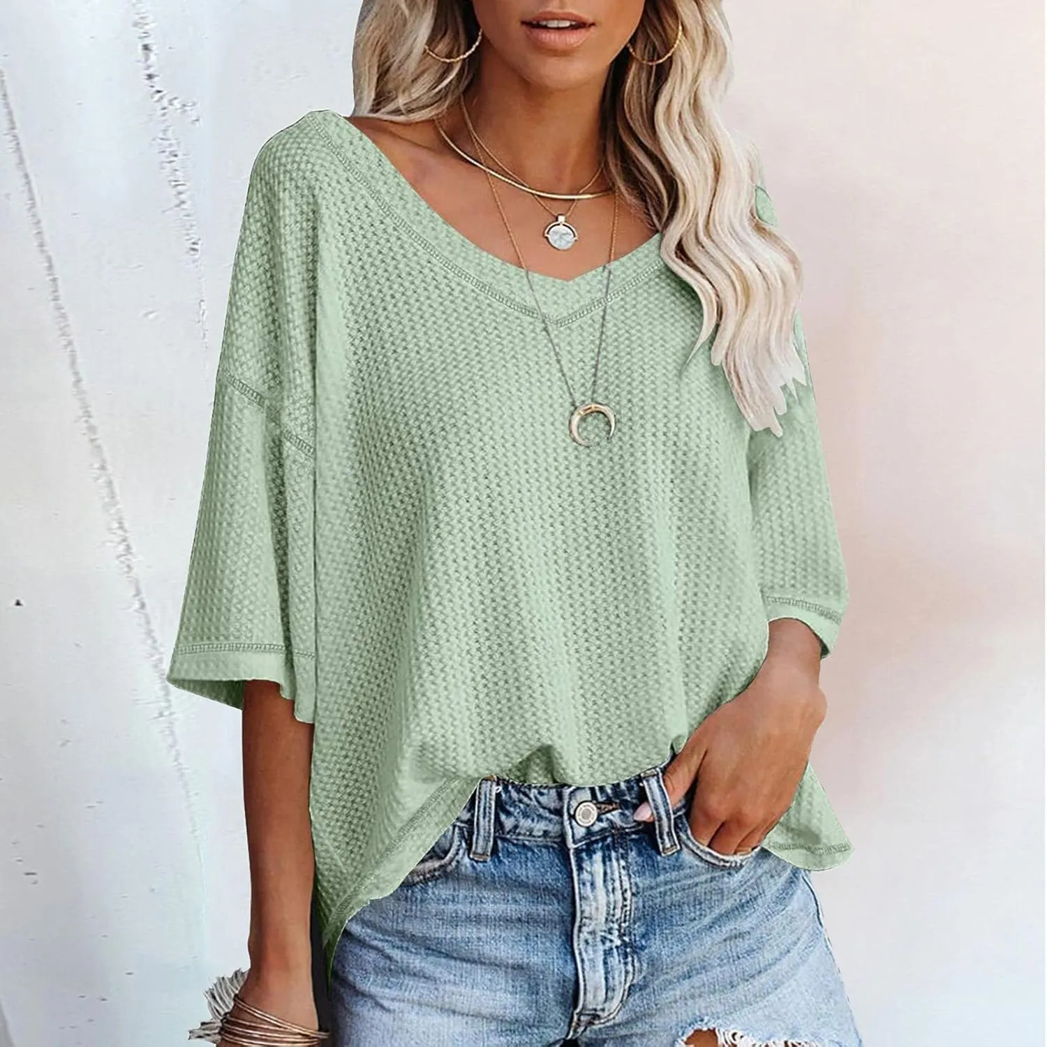 Women's Causual V Neck Tunics 2025 Waffle Knit Half Sleeve Drop Shoulder Loose Shirts Summer Dressy Work Party Blouse