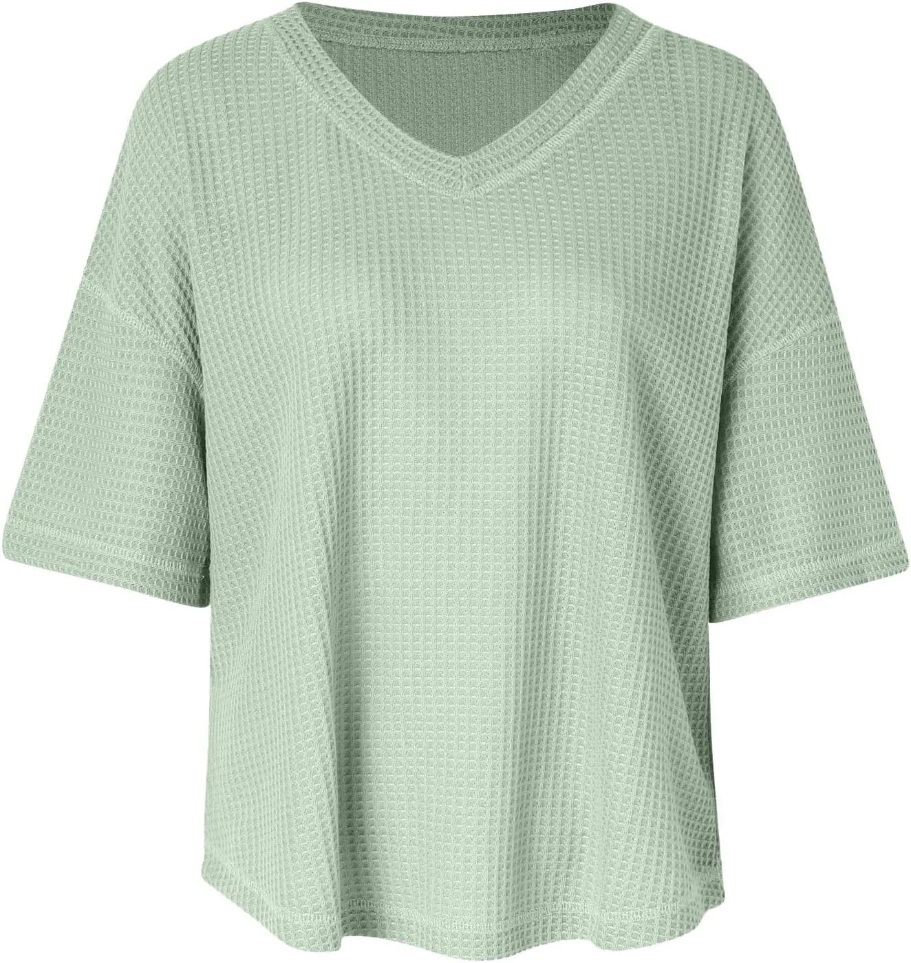 Women's Causual V Neck Tunics 2025 Waffle Knit Half Sleeve Drop Shoulder Loose Shirts Summer Dressy Work Party Blouse