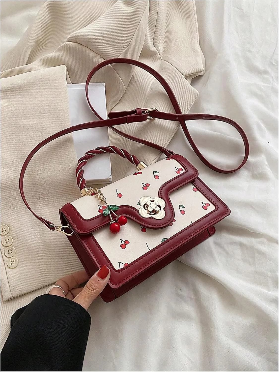 Women's Cherry Applique Flap Square Bags Adjustable Strap Top Handle Satchel Crossbody Bags Purse