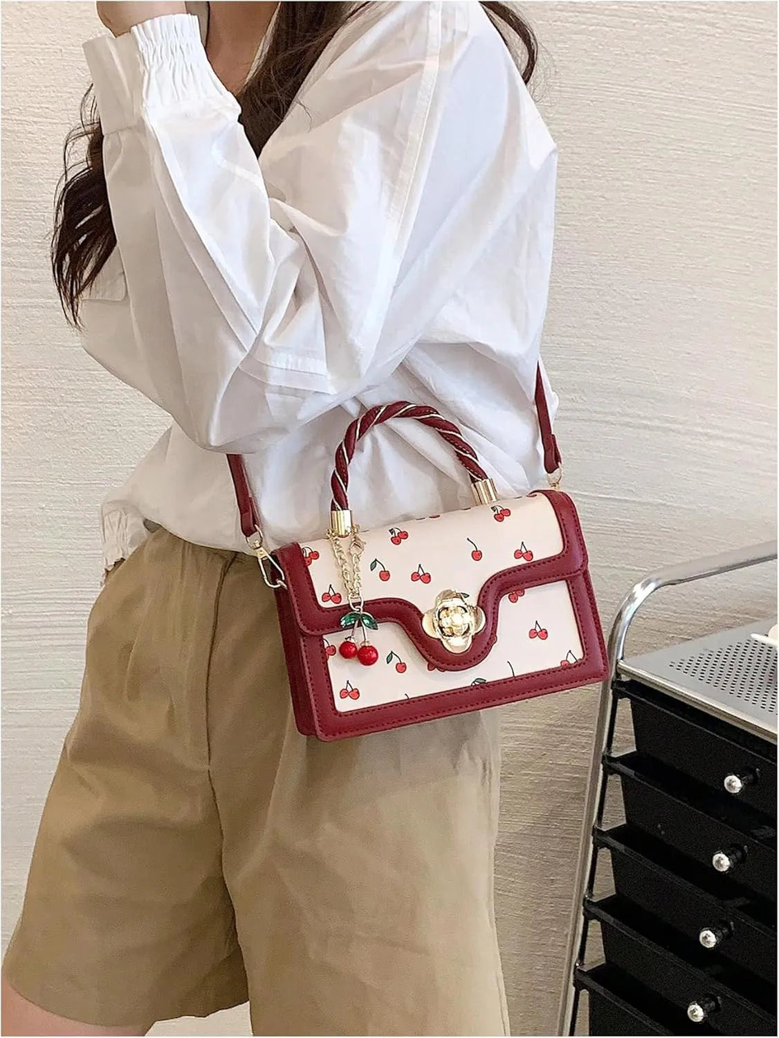 Women's Cherry Applique Flap Square Bags Adjustable Strap Top Handle Satchel Crossbody Bags Purse