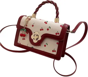 Women's Cherry Applique Flap Square Bags Adjustable Strap Top Handle Satchel Crossbody Bags Purse