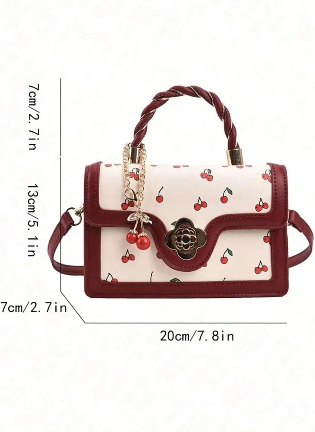 Women's Cherry Applique Flap Square Bags Adjustable Strap Top Handle Satchel Crossbody Bags Purse