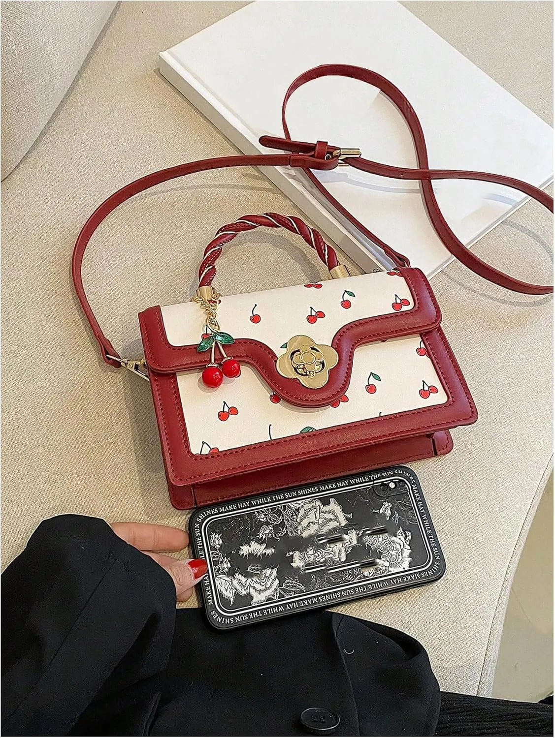 Women's Cherry Applique Flap Square Bags Adjustable Strap Top Handle Satchel Crossbody Bags Purse