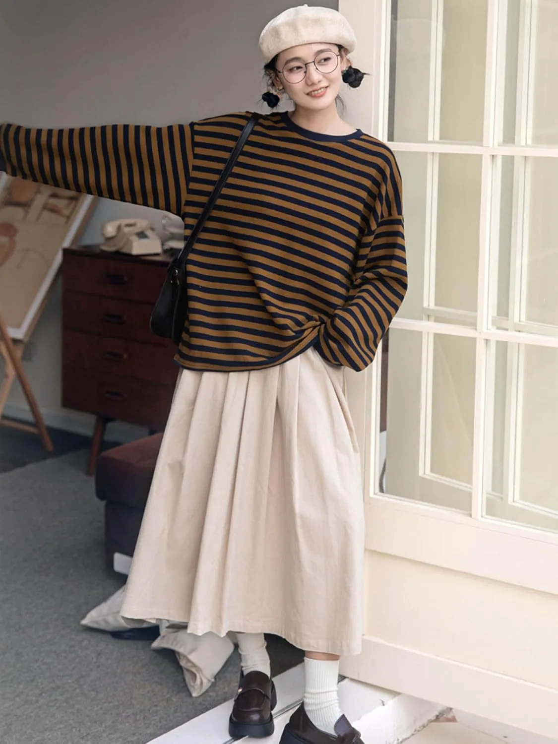Womens Crew Neck Sweatshirts Color Block Striped Waffle Knit Long Sleeve Shirts Pullover Trendy Tops Fall Clothes