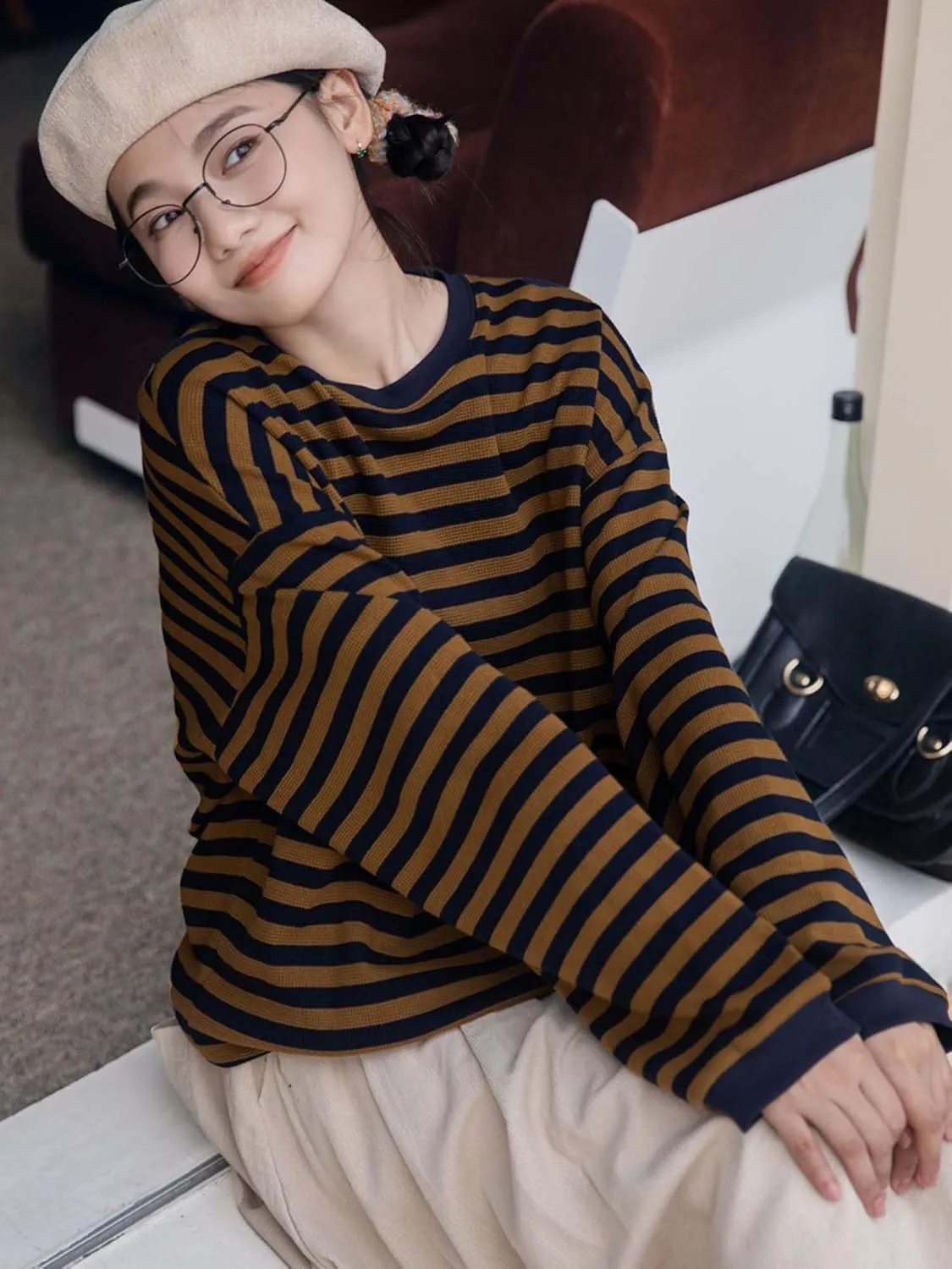 Womens Crew Neck Sweatshirts Color Block Striped Waffle Knit Long Sleeve Shirts Pullover Trendy Tops Fall Clothes