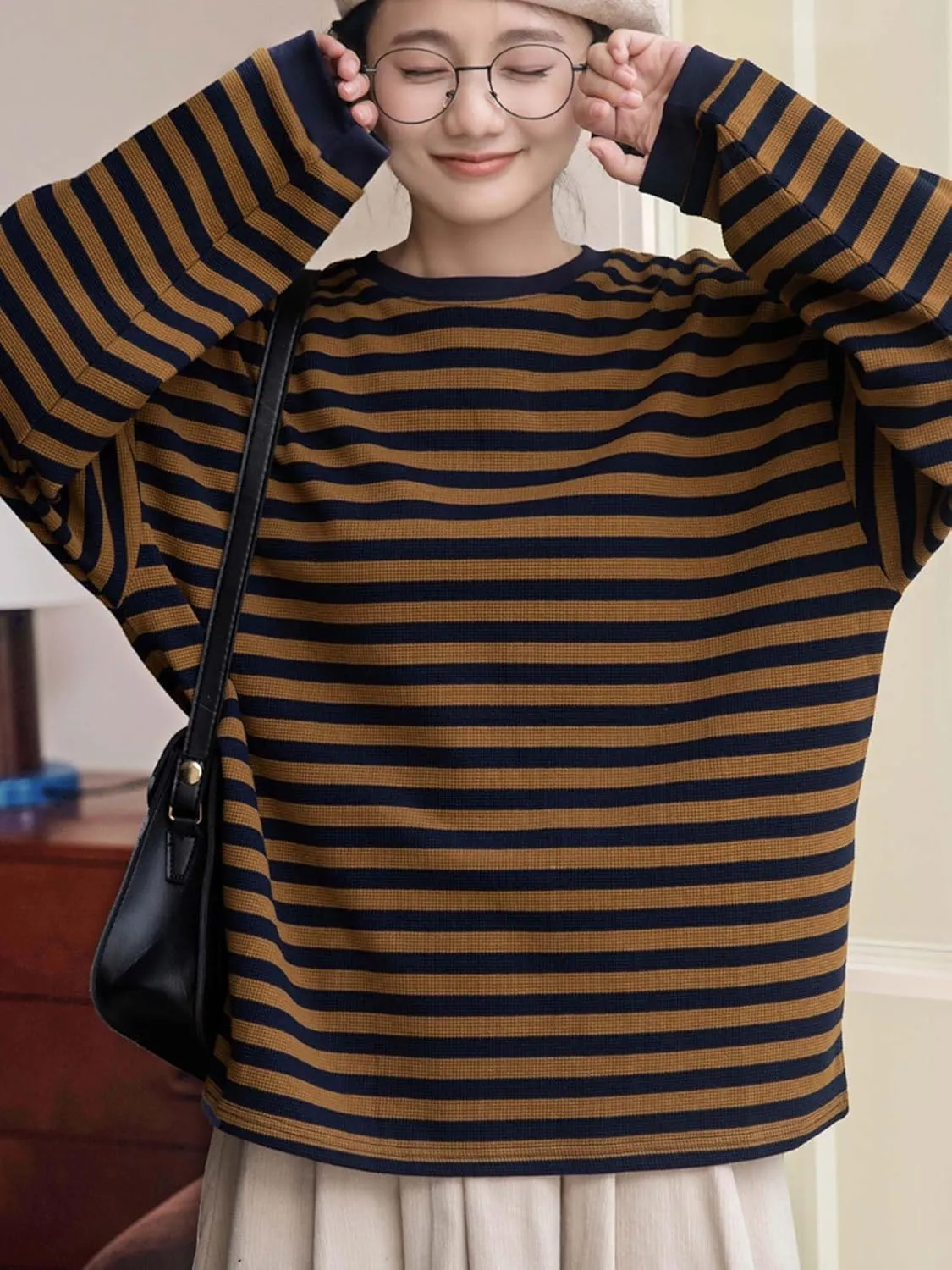 Womens Crew Neck Sweatshirts Color Block Striped Waffle Knit Long Sleeve Shirts Pullover Trendy Tops Fall Clothes