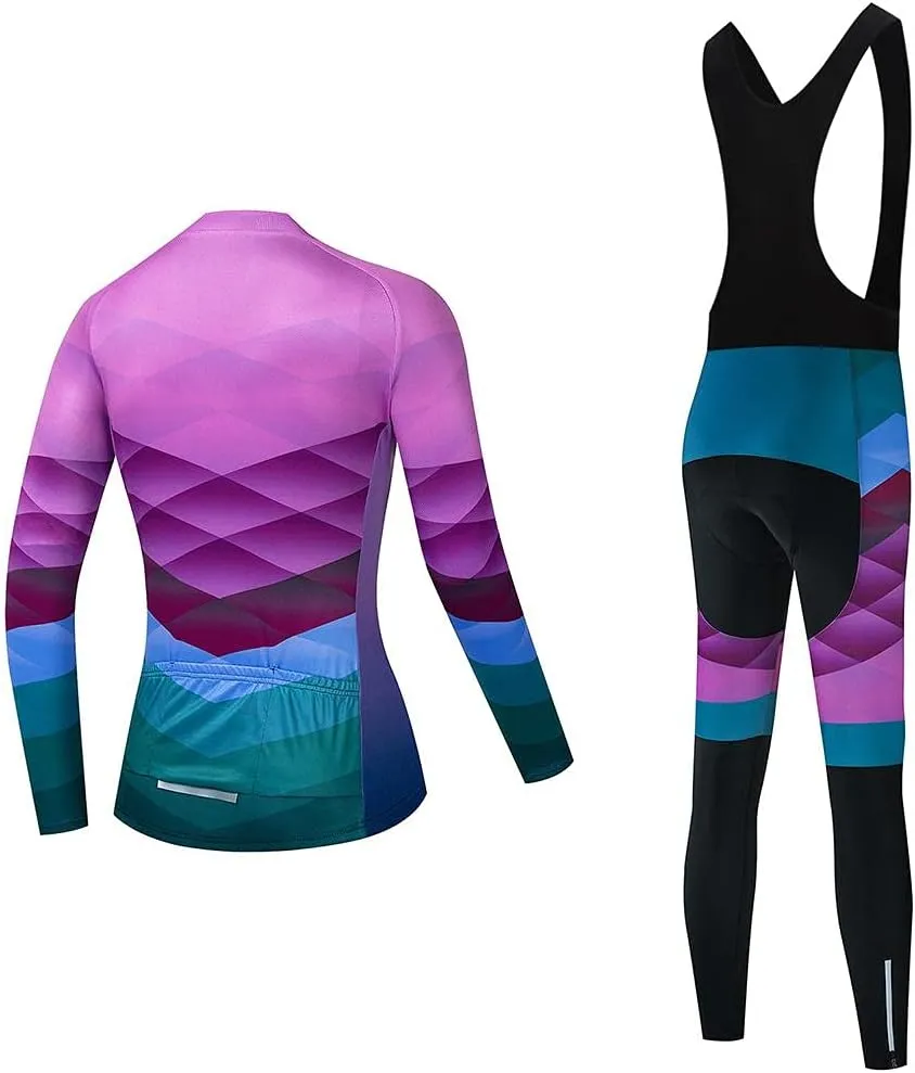 Women's Cycling Jersey Set Bike Shirt Long Sleeve Cycling Clothing Bicycle Bib Pants with Gel Padded