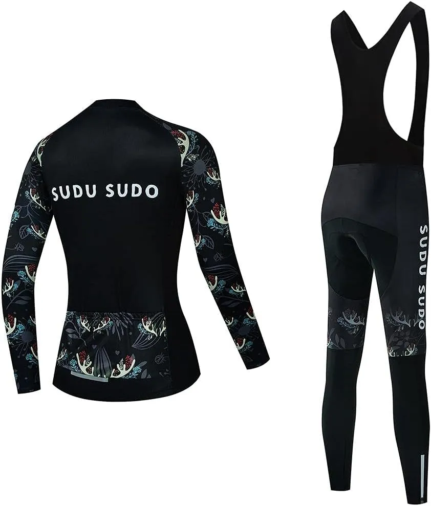 Women's Cycling Jersey Set Bike Shirt Long Sleeve Cycling Clothing Bicycle Bib Pants with Gel Padded