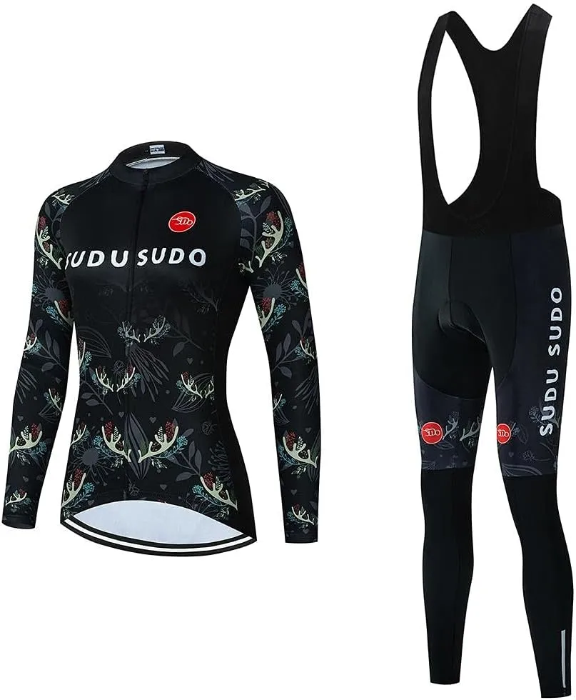 Women's Cycling Jersey Set Bike Shirt Long Sleeve Cycling Clothing Bicycle Bib Pants with Gel Padded