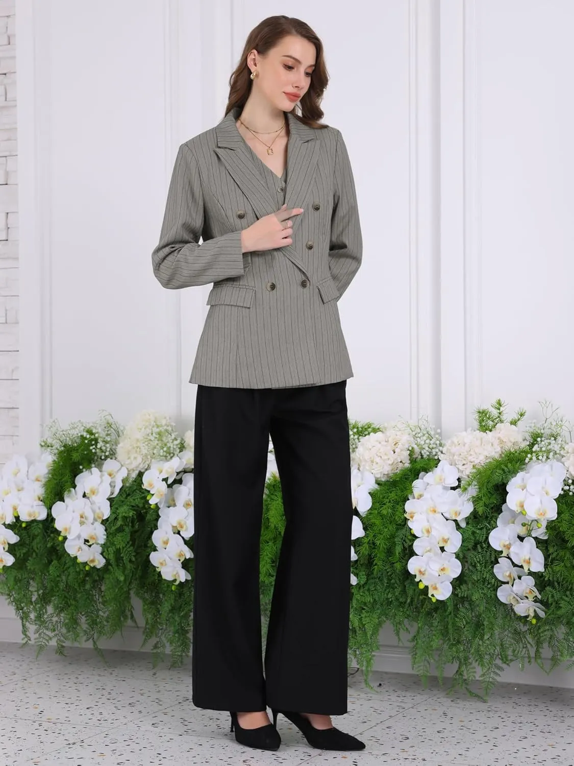 Women's Double Breasted Blazer Vintage Pinstripe Striped Suit