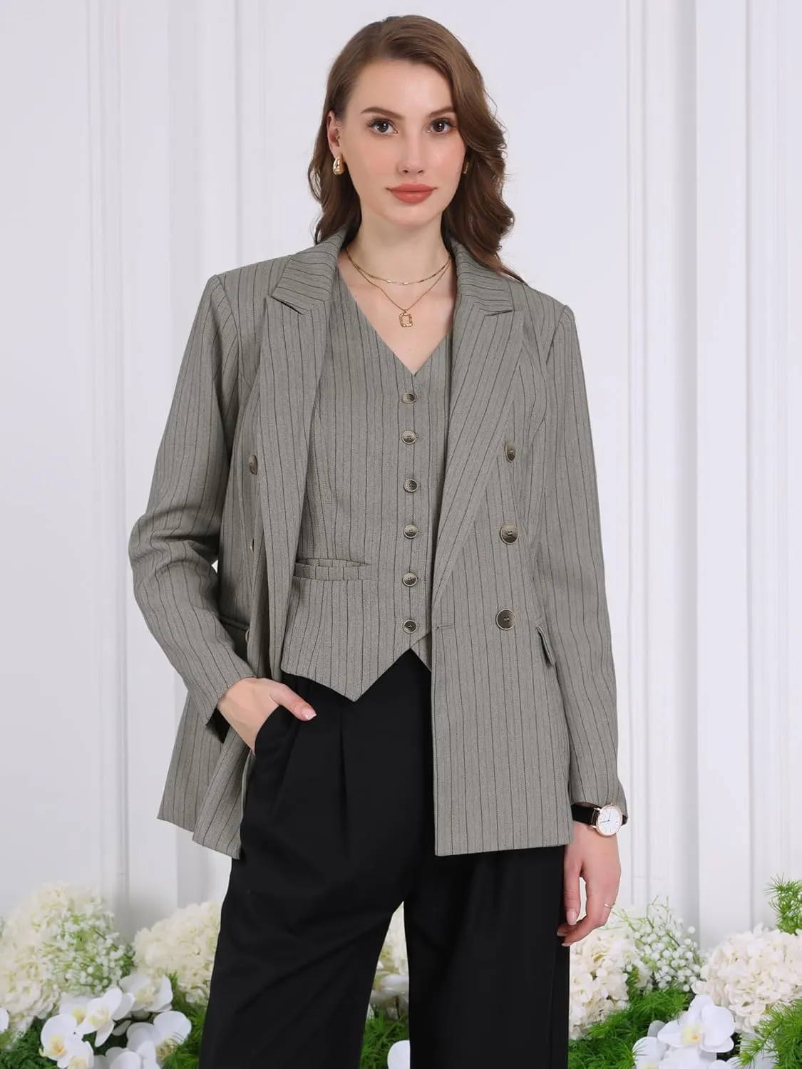 Women's Double Breasted Blazer Vintage Pinstripe Striped Suit