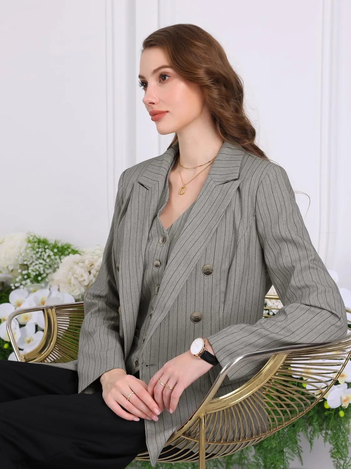 Women's Double Breasted Blazer Vintage Pinstripe Striped Suit