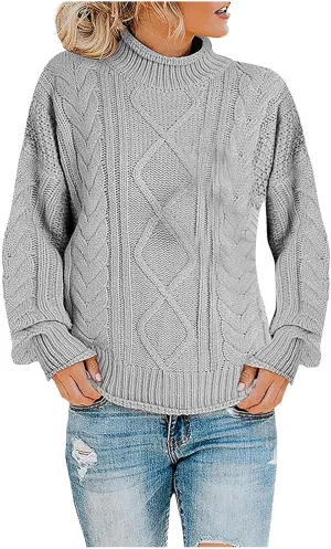 Womens Fall Clothes Fisherman Cable Knit Sweater Mock Neck Lantern Sleeve Knit Top Comfy Clothes for Flying