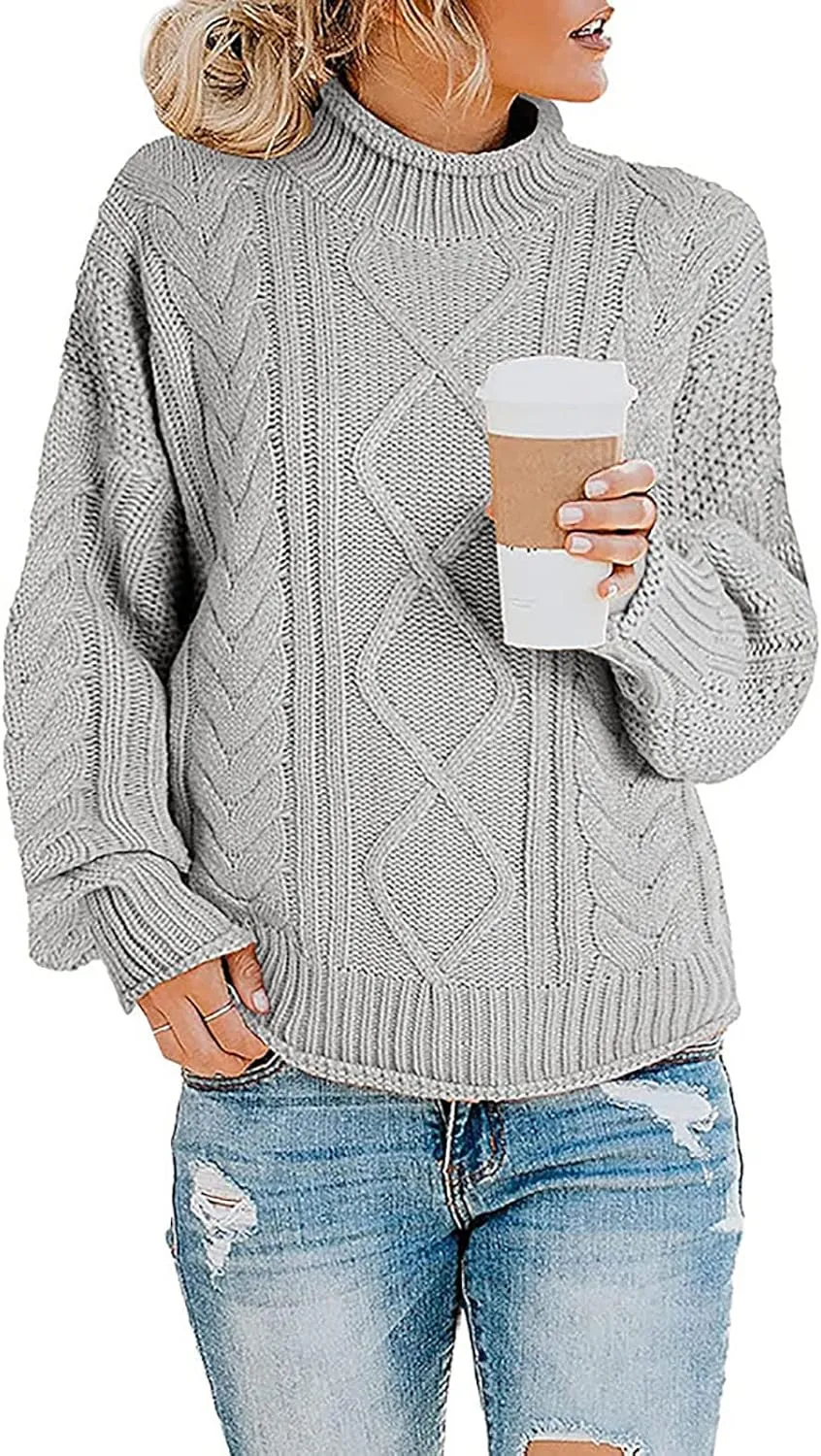 Womens Fall Clothes Fisherman Cable Knit Sweater Mock Neck Lantern Sleeve Knit Top Comfy Clothes for Flying