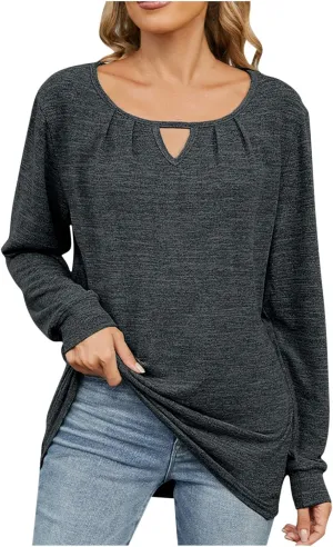 Womens Fall t Shirt Long Sleeve Front Key Hole Ruched Casual Pullover Tops Loose Fit Going Out Outfits Clothes
