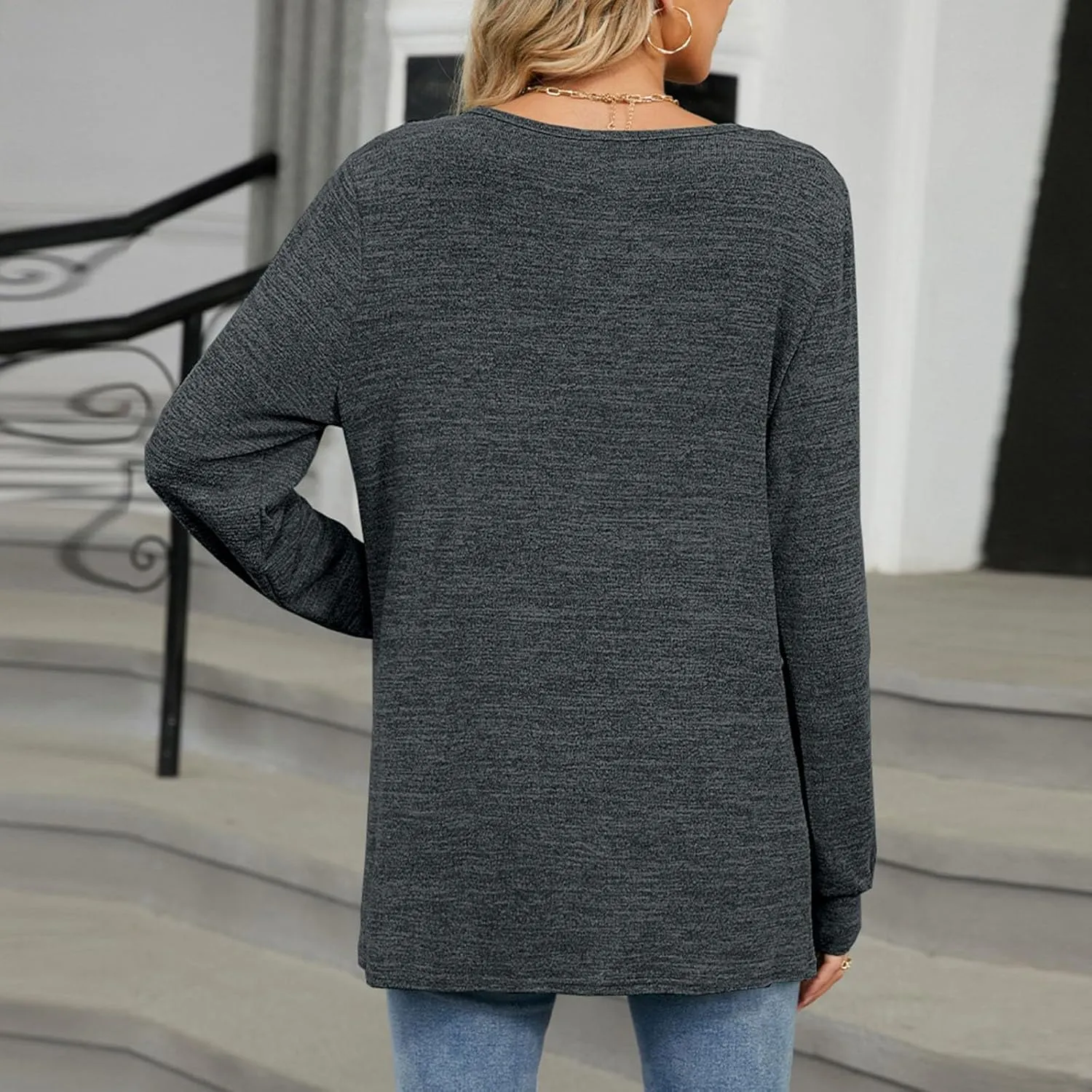 Womens Fall t Shirt Long Sleeve Front Key Hole Ruched Casual Pullover Tops Loose Fit Going Out Outfits Clothes