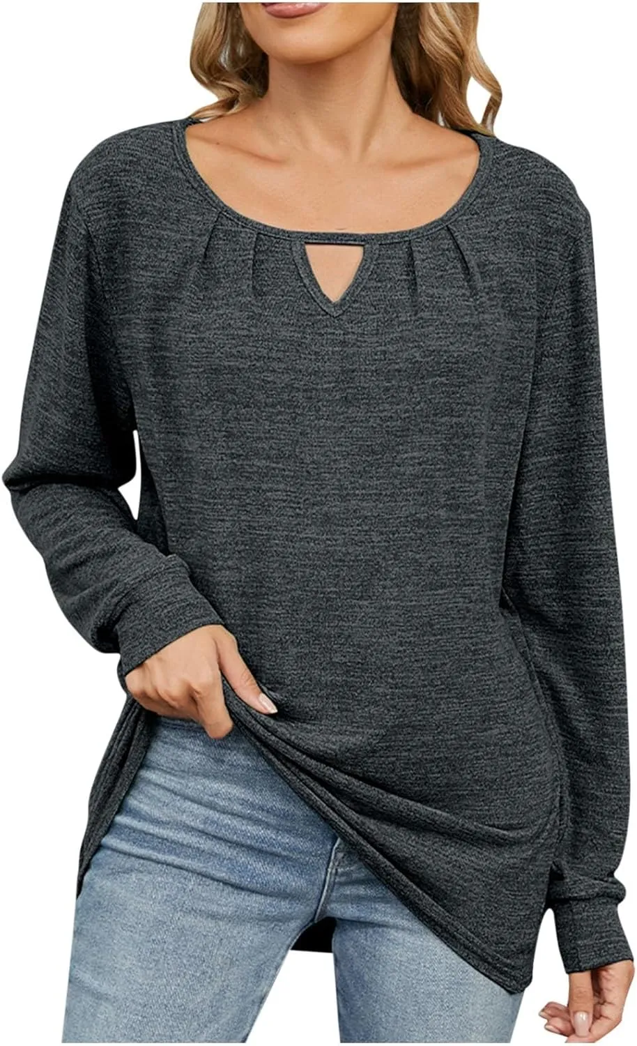 Womens Fall t Shirt Long Sleeve Front Key Hole Ruched Casual Pullover Tops Loose Fit Going Out Outfits Clothes
