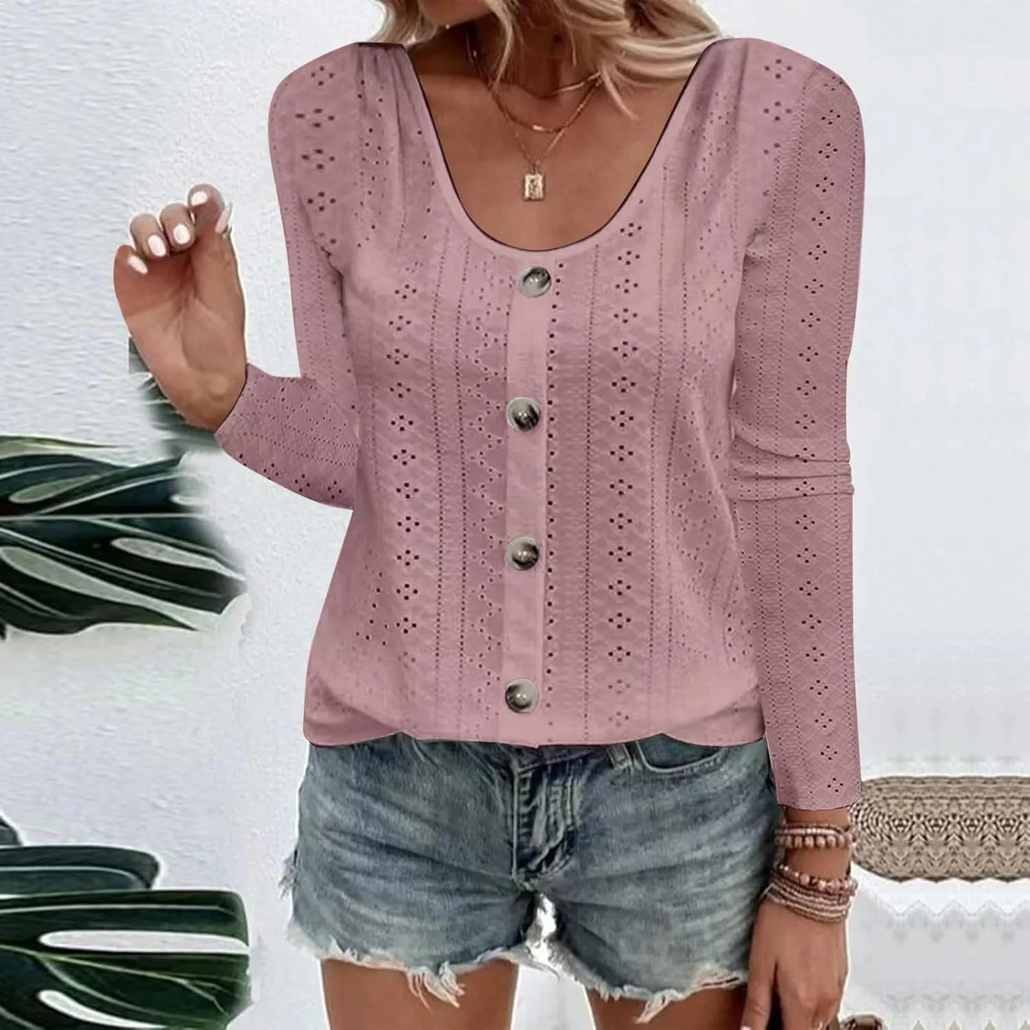 Womens Fashion Tops Eyelet Embroidery Long Sleeve Button Dwon Shirts Loose Casual 2024 Fall Clothes Comfy Shirt