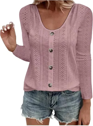 Womens Fashion Tops Eyelet Embroidery Long Sleeve Button Dwon Shirts Loose Casual 2024 Fall Clothes Comfy Shirt