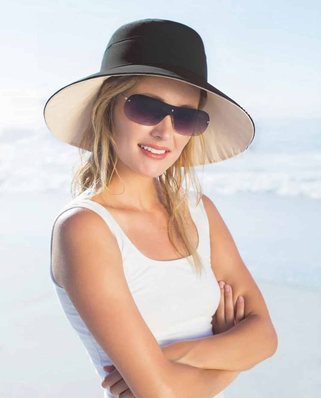 Womens Foldable Shapeable Brim Sun Hat UPF 50  Cotton Wide Brim Beach Adjustable Chin Strap Hat Sun Protection Cap