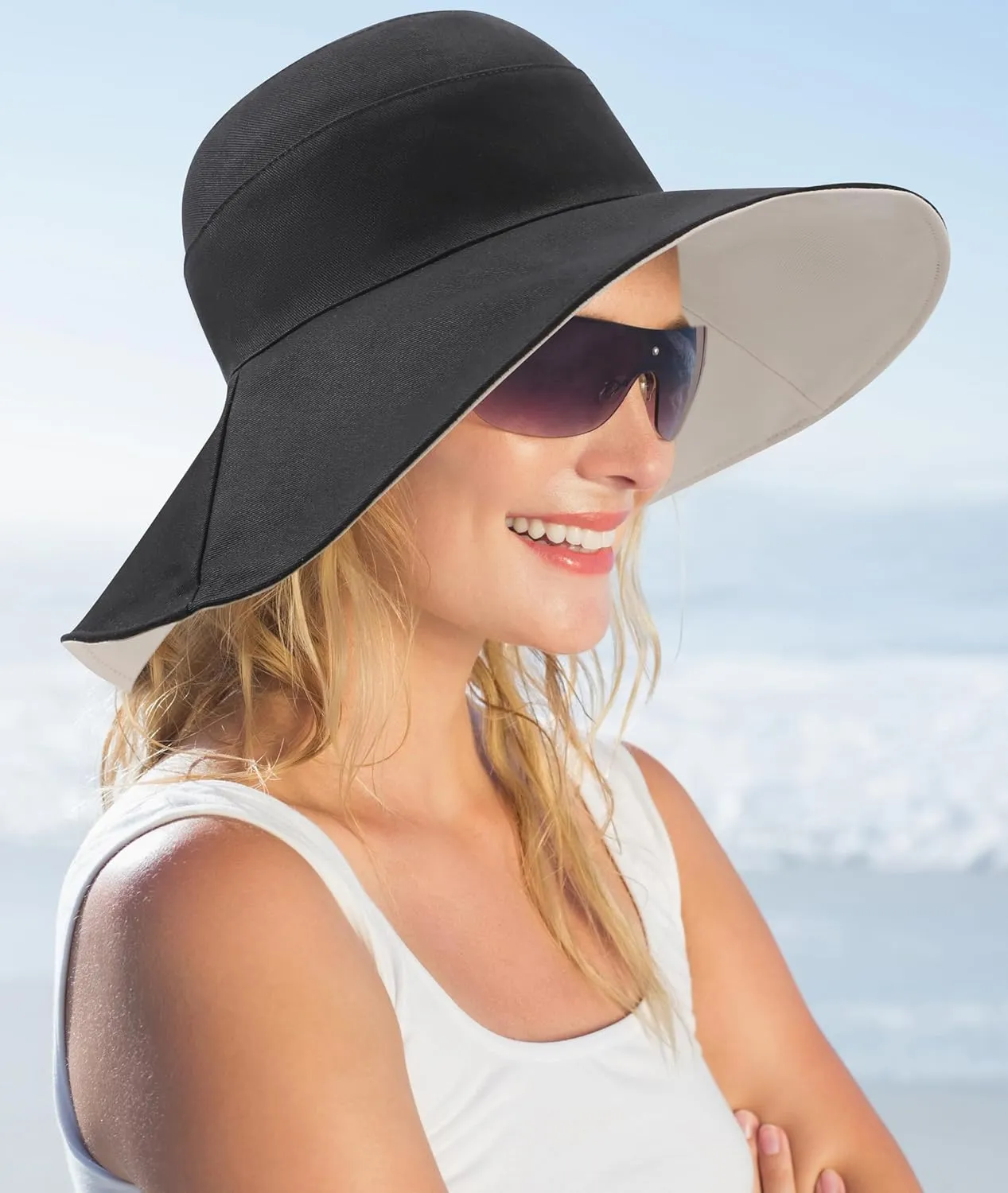 Womens Foldable Shapeable Brim Sun Hat UPF 50  Cotton Wide Brim Beach Adjustable Chin Strap Hat Sun Protection Cap