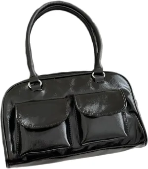 Women's Glossy Buckle Shoulder Bag PU Leather Clutch Double Pockets Strap Handbag