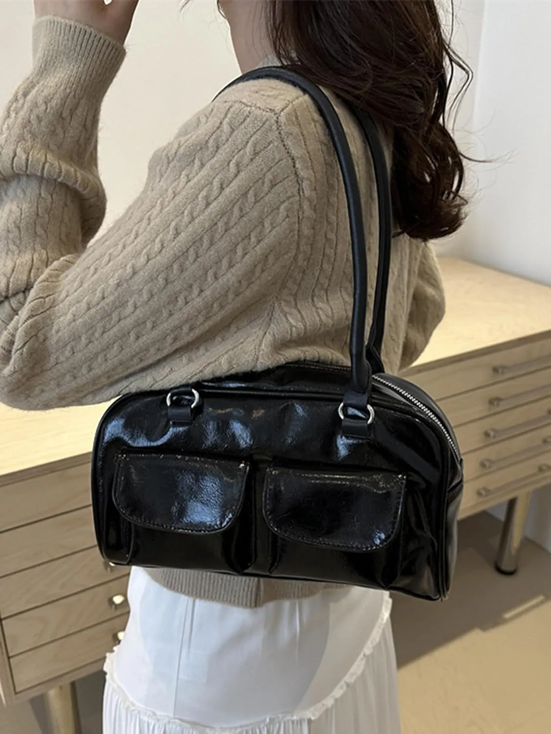 Women's Glossy Buckle Shoulder Bag PU Leather Clutch Double Pockets Strap Handbag
