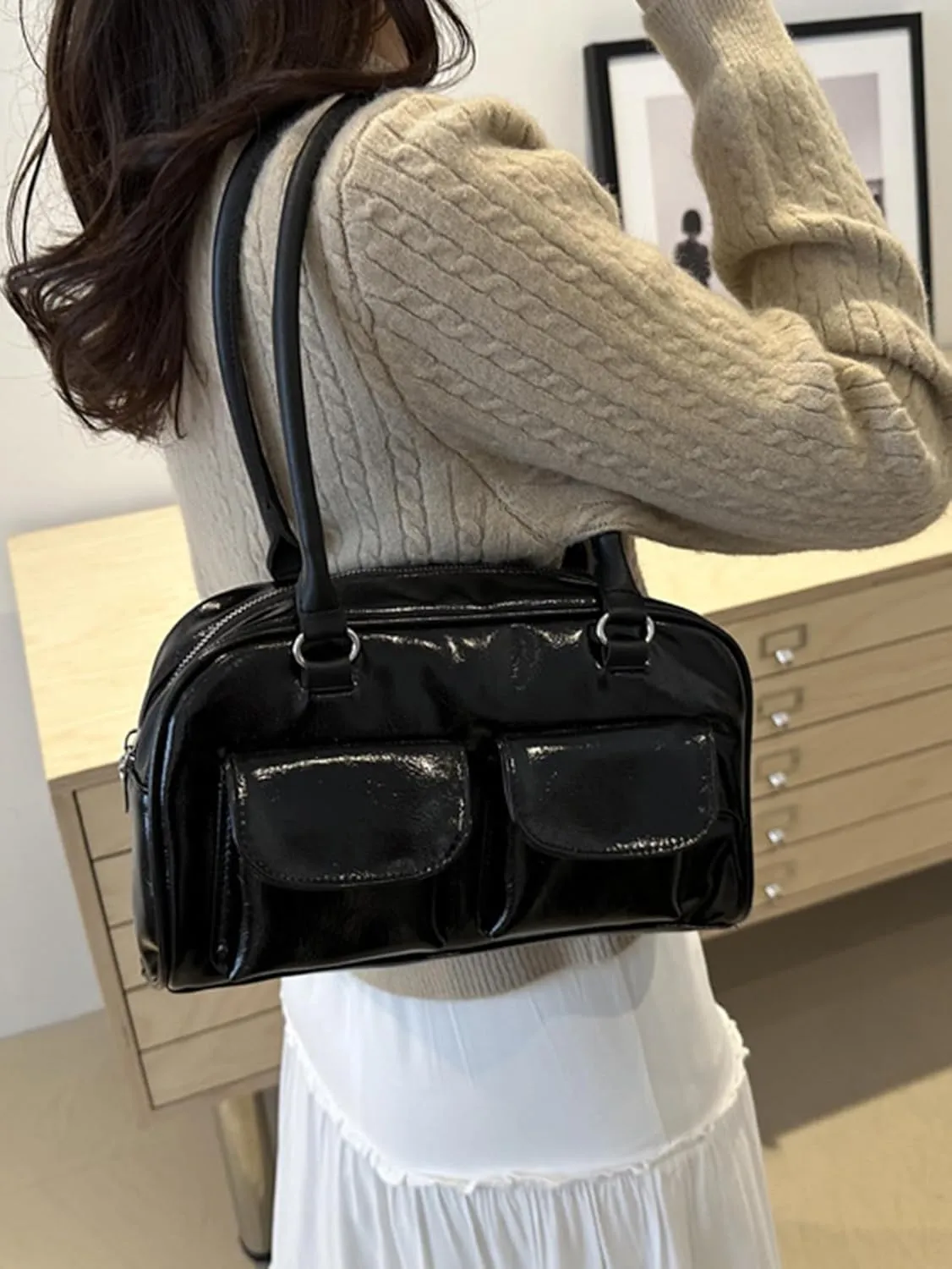 Women's Glossy Buckle Shoulder Bag PU Leather Clutch Double Pockets Strap Handbag