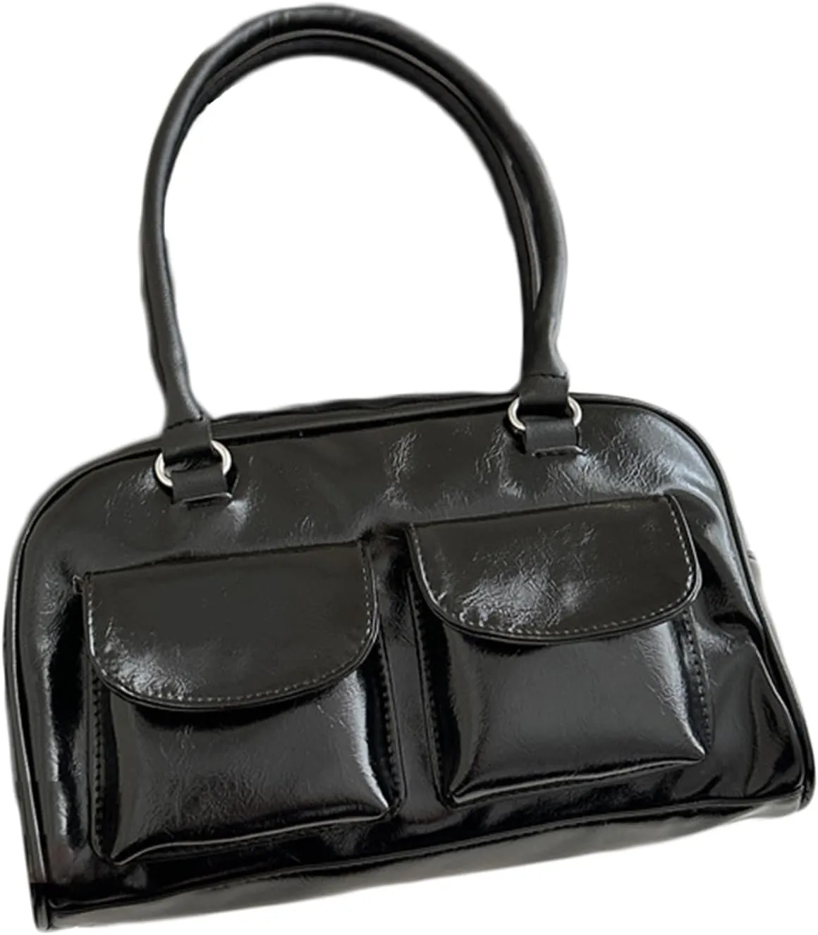 Women's Glossy Buckle Shoulder Bag PU Leather Clutch Double Pockets Strap Handbag