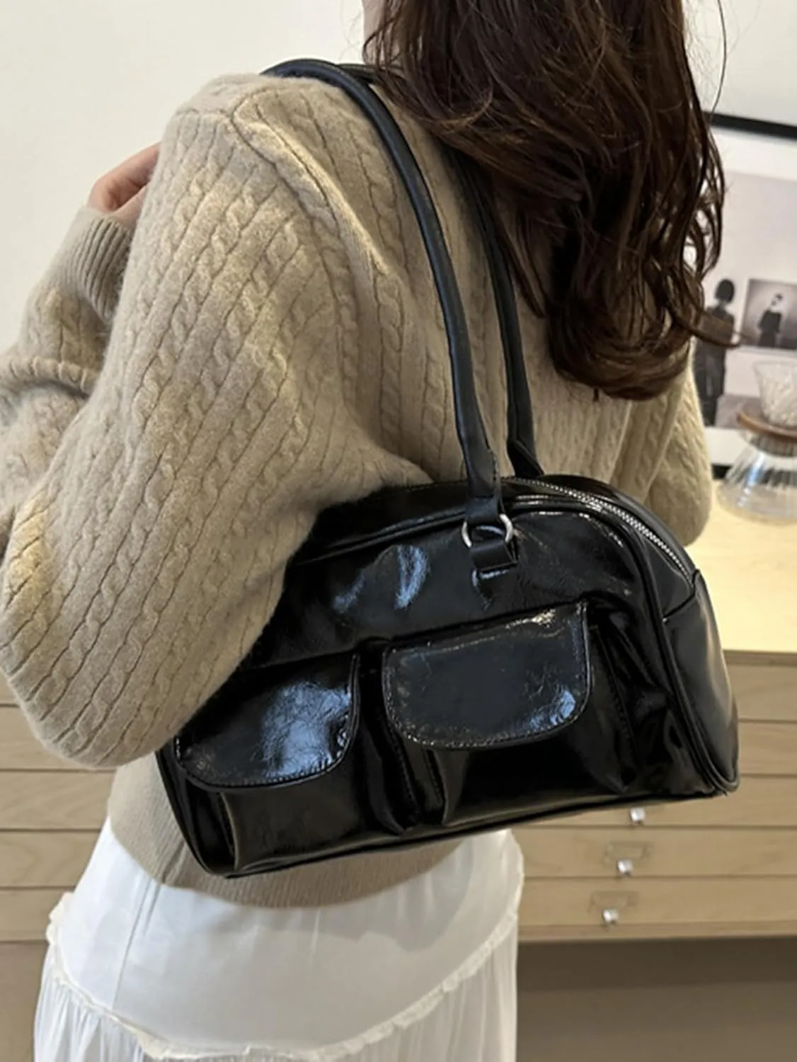 Women's Glossy Buckle Shoulder Bag PU Leather Clutch Double Pockets Strap Handbag