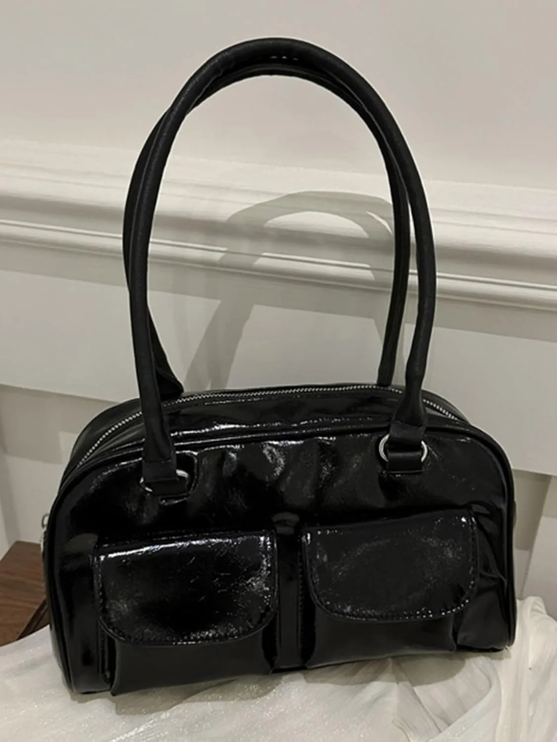 Women's Glossy Buckle Shoulder Bag PU Leather Clutch Double Pockets Strap Handbag