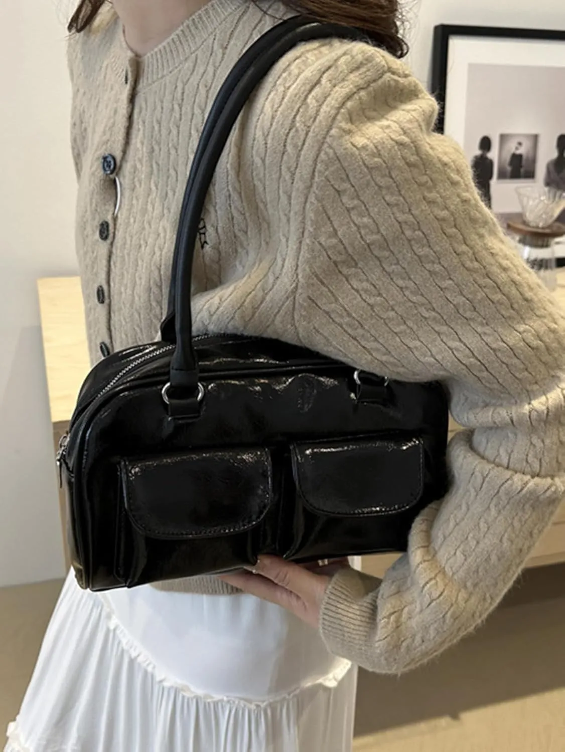 Women's Glossy Buckle Shoulder Bag PU Leather Clutch Double Pockets Strap Handbag