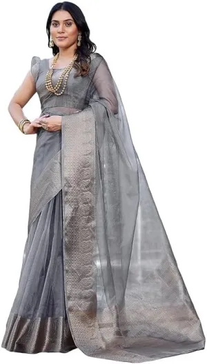 Women's Jacquard Border & Dyed Organza Saree with Unstitched Blouse Piece