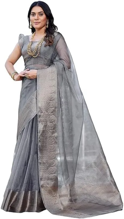 Women's Jacquard Border & Dyed Organza Saree with Unstitched Blouse Piece