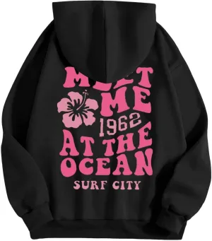 Womens Letter Floral Print Hoodie 2024 Oversized Baggy Trendy Thermal Sweatshirts Cozy Hip Hop Y2K Casual Streetwear
