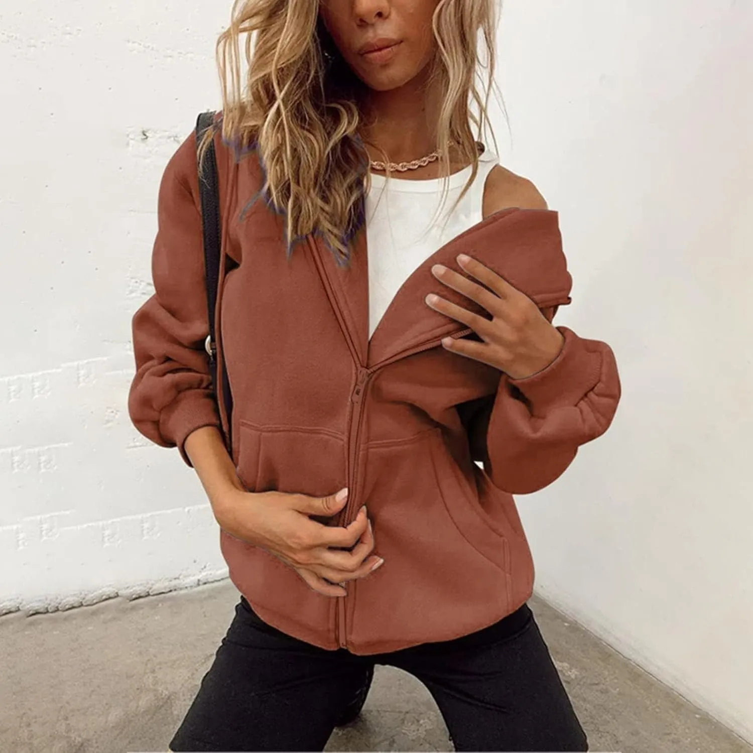 Womens Lightweight Full Zip Up Hoodie Trendy Vacation Outdoor Y2K Streetwear Baggy Cozy Long Sleeve Solid Casual Coat