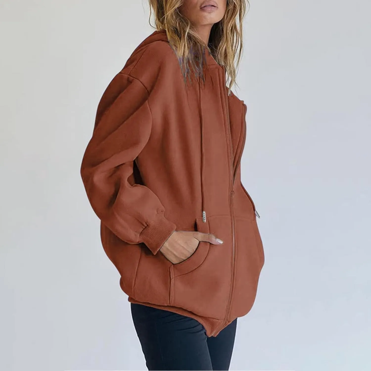 Womens Lightweight Full Zip Up Hoodie Trendy Vacation Outdoor Y2K Streetwear Baggy Cozy Long Sleeve Solid Casual Coat
