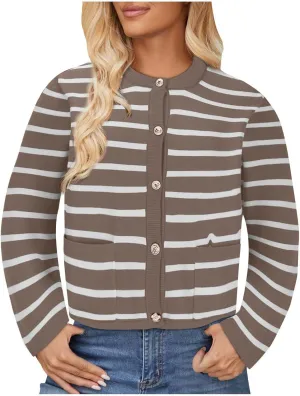 Women's Long Sleeve Cardigan Button up Collared Striped Graphic Sweater Coat Fashion Casual Cardigans