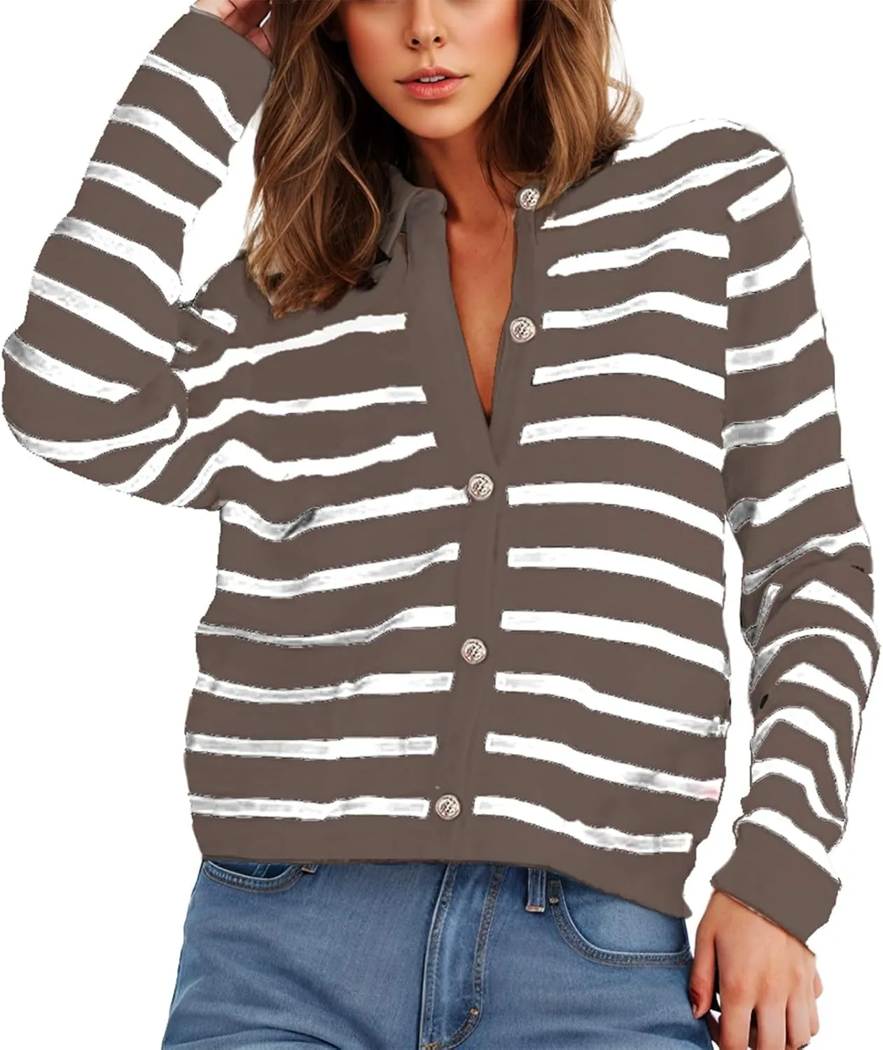 Women's Long Sleeve Cardigan Button up Collared Striped Graphic Sweater Coat Fashion Casual Cardigans